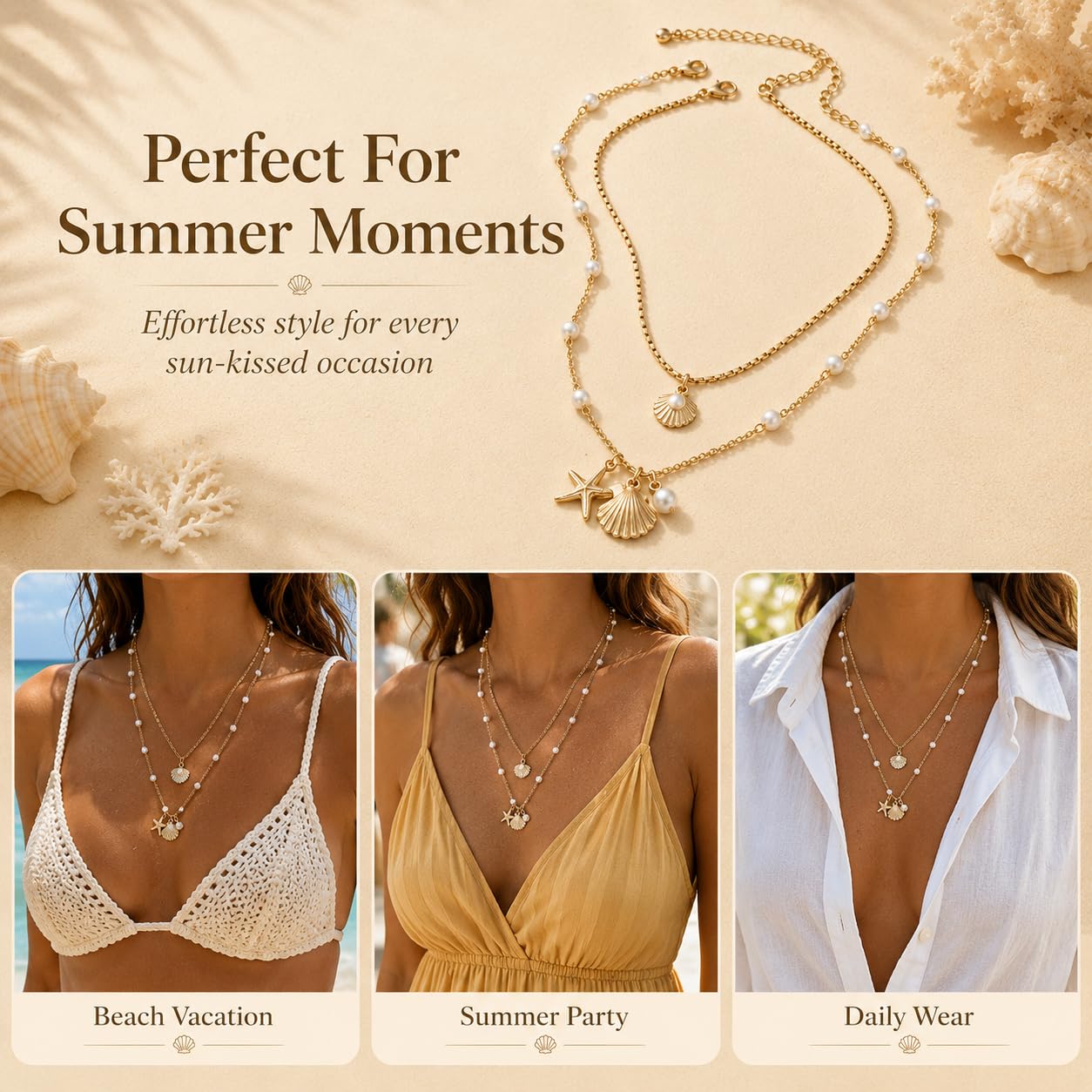 Shell Starfish Necklace for Women Gold Tone Layered Beach Jewelry Pearl Seashell Charm Adjustable Coastal Necklace for Summer Vacation Outfits Gifts