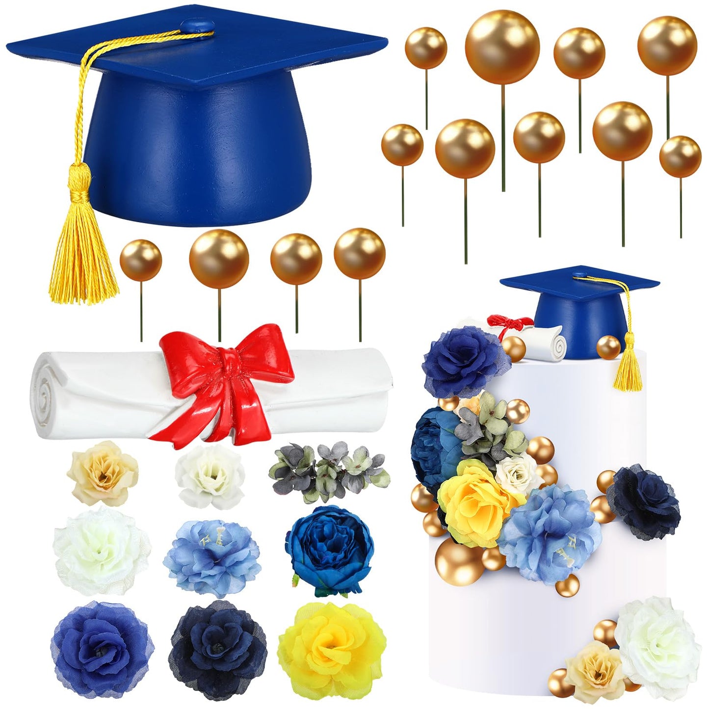 Wavwavw 50 Pcs Resin Graduation Cake Topper Class of 2026 Cap and Diploma Gold Balls Kit Congrats Grad Cake Decorations for Master Graduation Party Middle High School Supplies(Blue)