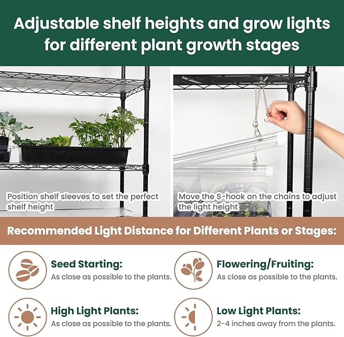 SOLIGT Plant Shelf with Grow Lights, 5 Tier Grow Light Stand Rack with 8 Pack 16“ 6000K T5 Full Spectrum Led Grow Lights for Indoor Plants, Seed Starting, Seedling Growing, Timer Included