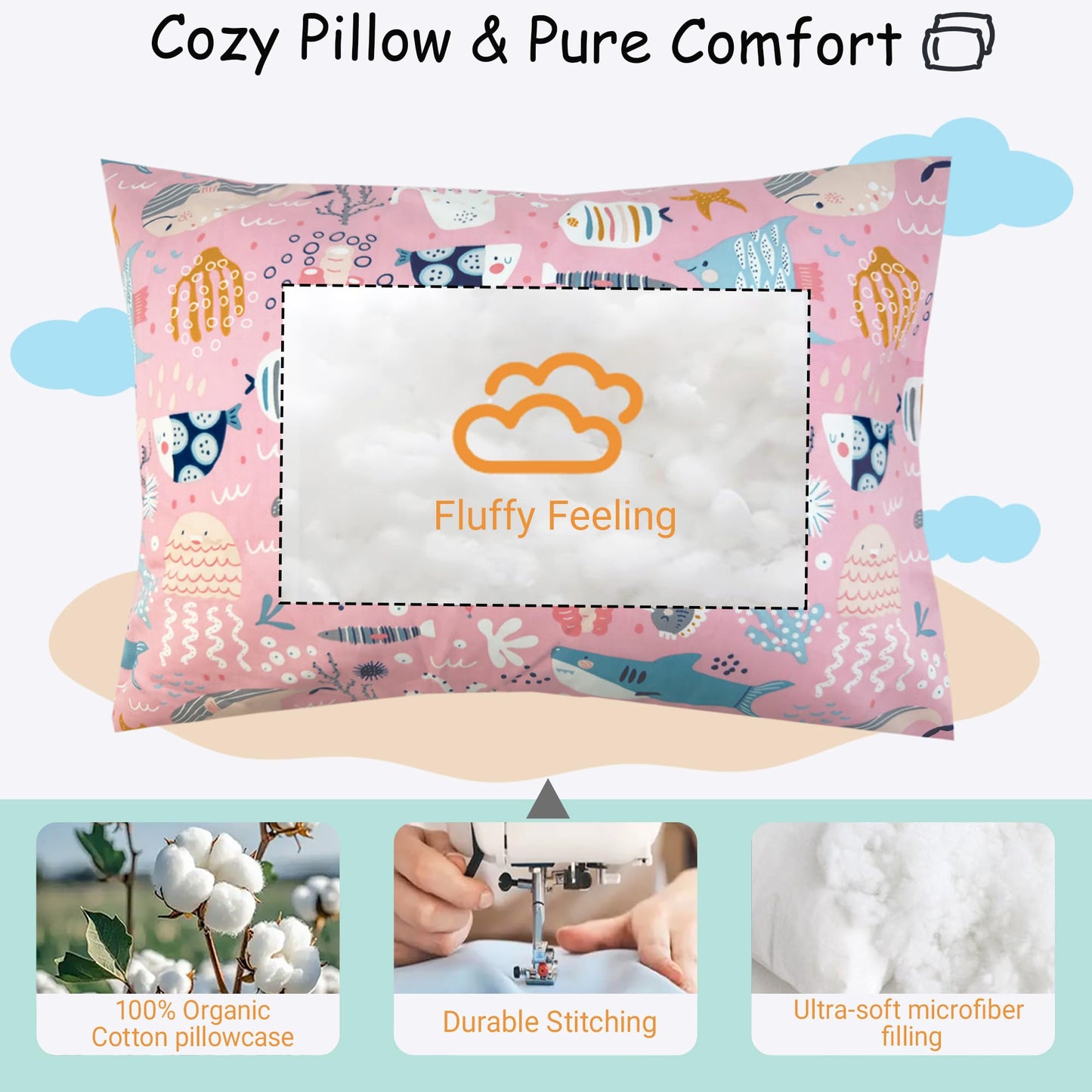 ZPECC Toddler Pillow with Pillowcase - 13x18 Organic Cotton Hypoallergenic Kids Pillow, Baby Essentials for Travel Crib Daycare Stroller (Intended for Age 2 and up) Ocean