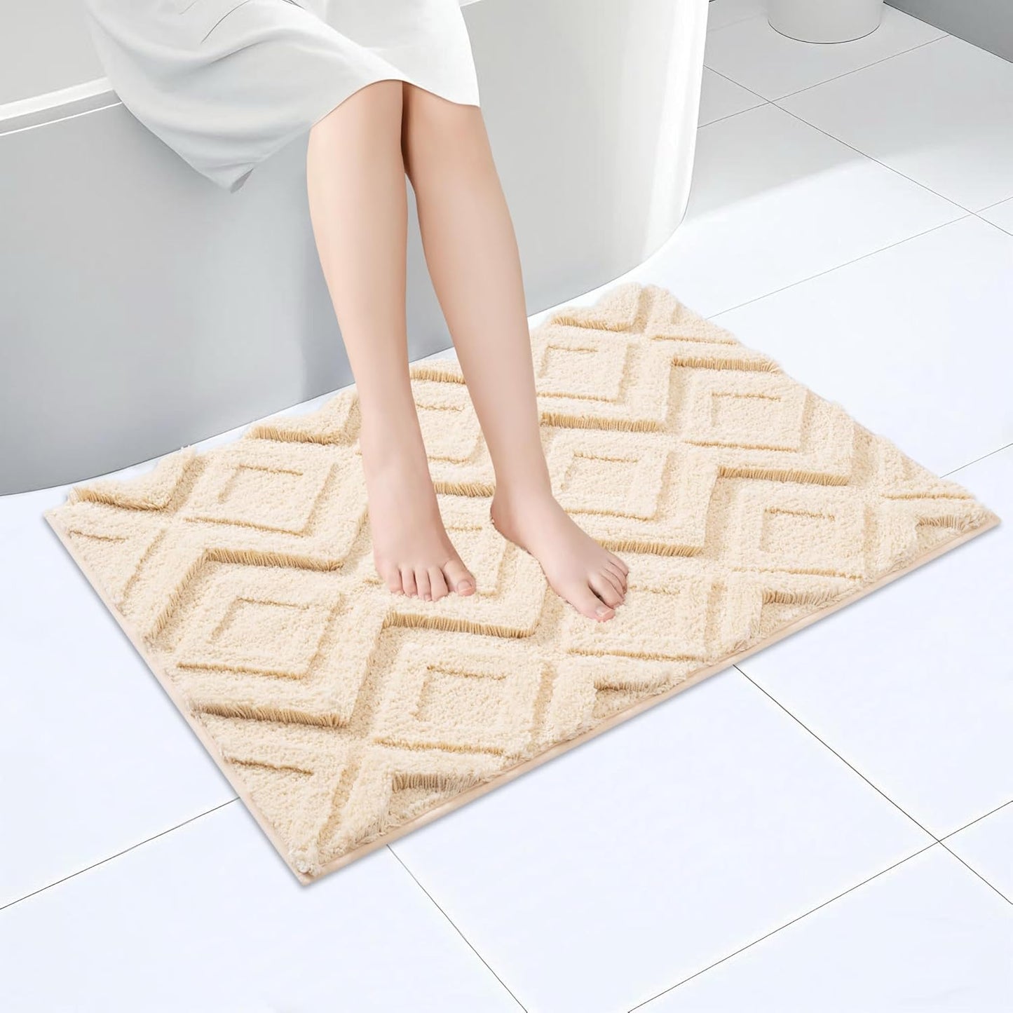 Bath Mat & Bathroom-Rugs 36x24, Ultra Soft Machine Washable Microfiber Bath Mat, Absorbent Quick Dry Non Slip Rug for Bathroom Floor, Tub and Shower, Beige