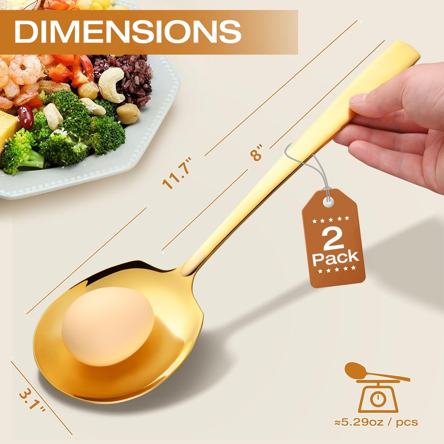 Extra Large Serving Spoons Set 11.7-Inch Gold Serving Utensils 18/8 Stainless Steel Big Metal Spoons for Buffet, Parties, Catering, Banquet - Dishwasher Safe (2-Pack, Gold)