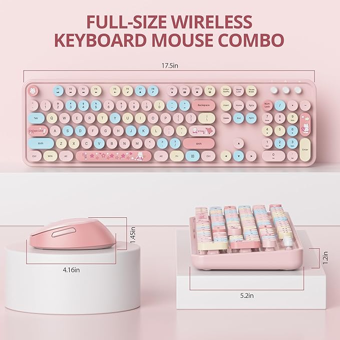 Owpkeenthy Pink Keyboard and Mouse Wireless, Cute Colorful Typewriter Keyboard Full-Sized with Number Pad Round Keycaps for Desktop, Laptop and Computer(Coloful Pink)
