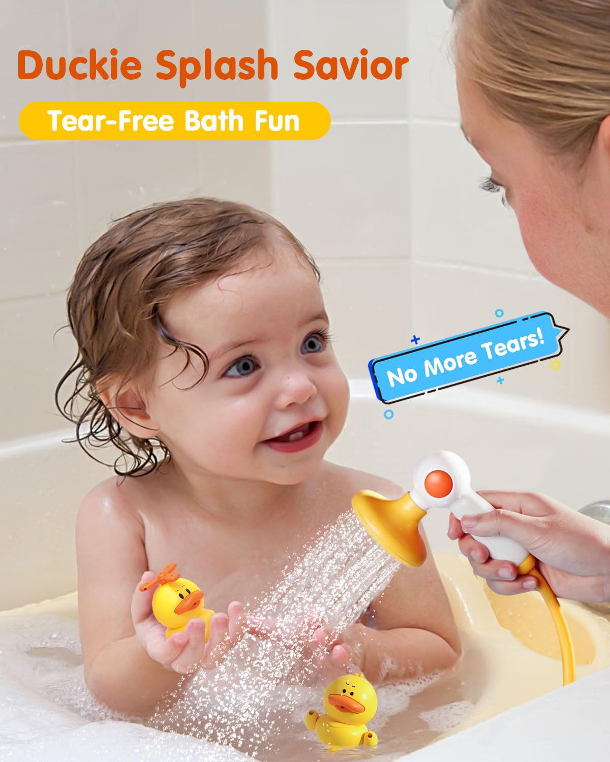 Duckie Baby Bath Shower Head, Toddler Bath Toys for Kids Ages 1-3, Baby Shower Head for Bathtub with Three Squirting Ducks, Birthday Gift for Toddler Boys Girls