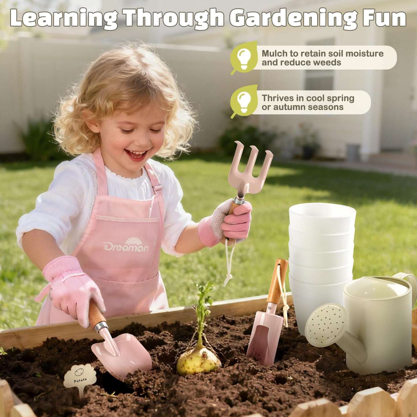 Kids Gardening Set, Gardening Tools Kit for Kids Toddler, Includes Tote Bag, Apron, Gloves, Watering Can, Shovel, Rake, Cultivator, Garden Tool Set Outdoor Toys Gifts for Boys Girls