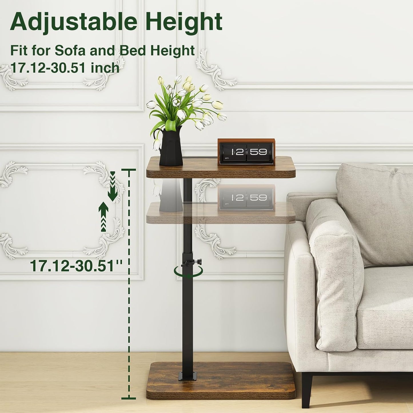 IBUYKE C Shaped Side Table, 360° Swivel Height Adjustable End Table for Small Spaces, with Phone & Tablet Slot, Modern Small Coffee Snack Table for Sofa/Bed, Retro Brown UTVT003H