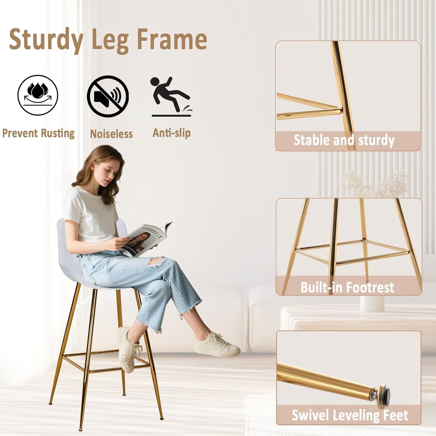 Sidanli Velvet Bar Stools with Gold Legs, Set of 2 Counter Height Stools for Kitchen Island, 29 Inch Modern Barstools with Swivel Leveling Feet, White