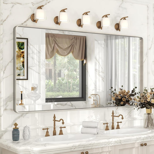 60x28 Inch Brushed Nickel Bathroom Mirror, Large Brushed Silver Metal Framed Wall Mirror, Rounded Corner Rectangle Modern Vanity Mirror, Tempered Glass, Anti-Rust, Shatterproof (Horizontal/Vertical)