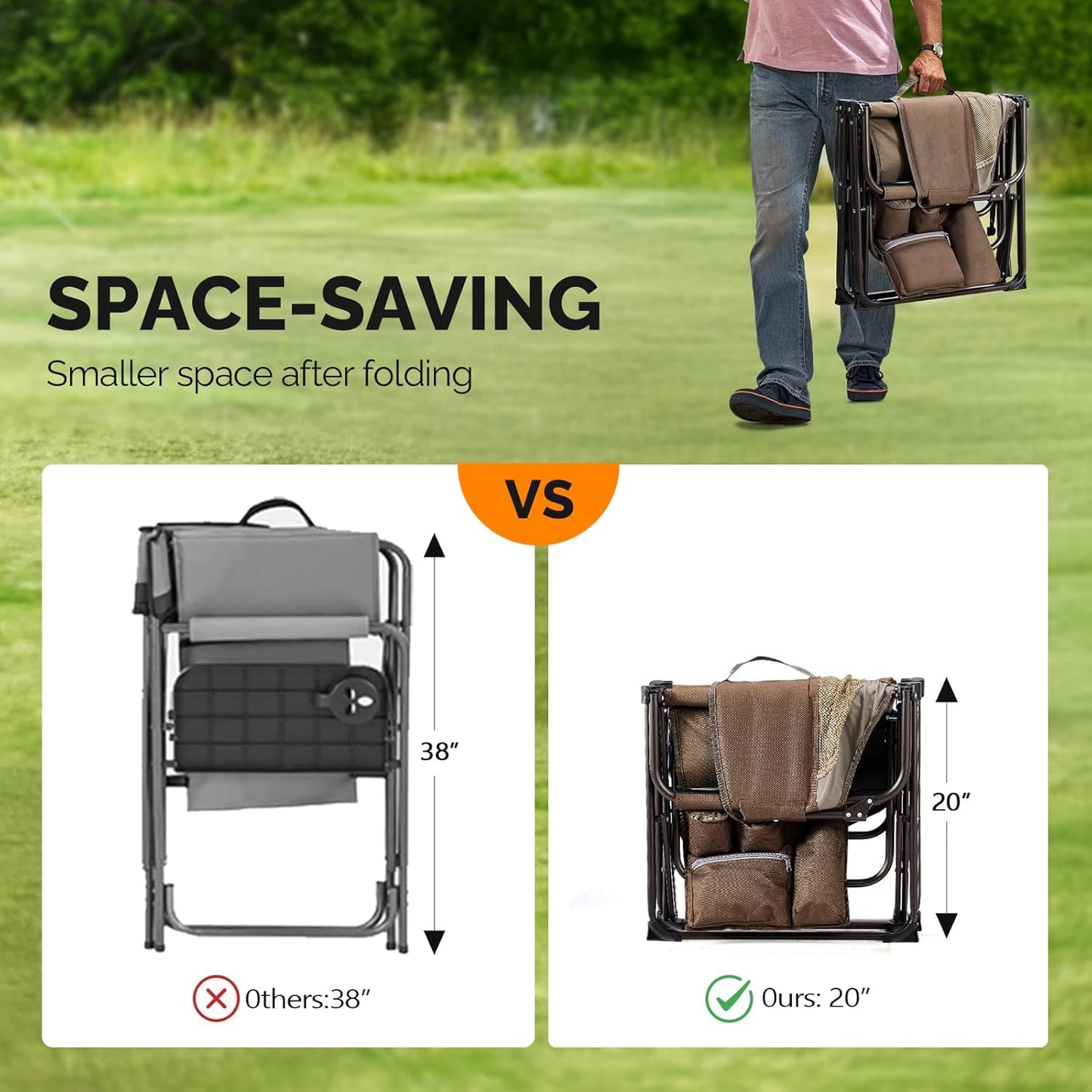 VINGLI Camping Chairs, Directors Chair, Camping Chair with Side Table & Carry Bag，Heavy Duty Camping Chairs for Adults,Portable Folding Camping Chair 2 Pack, for Beach, Fishing,Trip,Picnic,Lawn-Brown