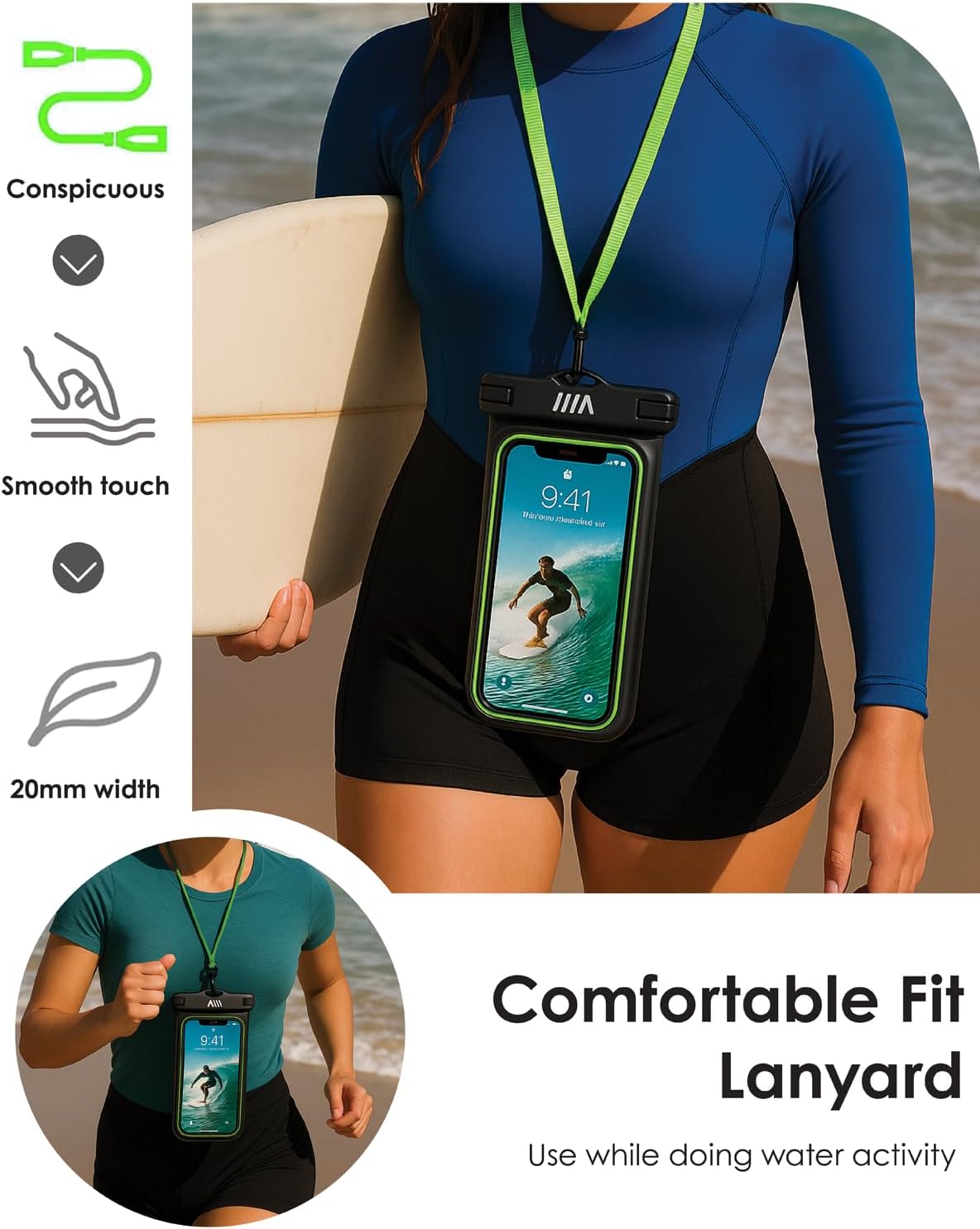 【2025 Upgraded】 1 Pack Black - IP68 Waterproof Phone Pouch Floating Design No Sink Waterproof Phone Case - Beach Pool Travel Essentials - Works w/All Phones - Detachable Lanyard - Black/Hi-Vis Green