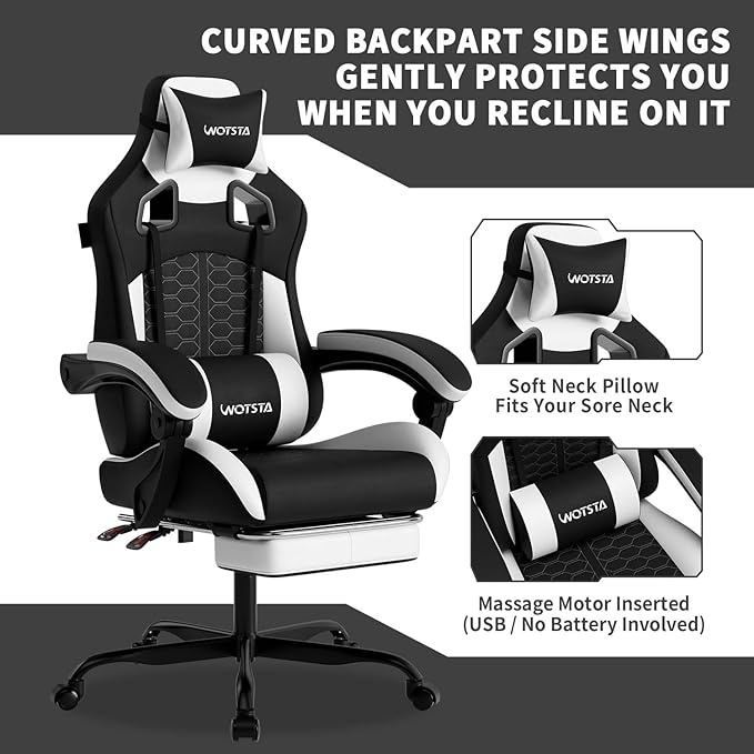 Gaming Chair with Massage,Ergonomic PC Gaming Chair with Footrest Comfortable Headrest and Lumbar Support,High Back PVC Leather,300LBS (Black White)