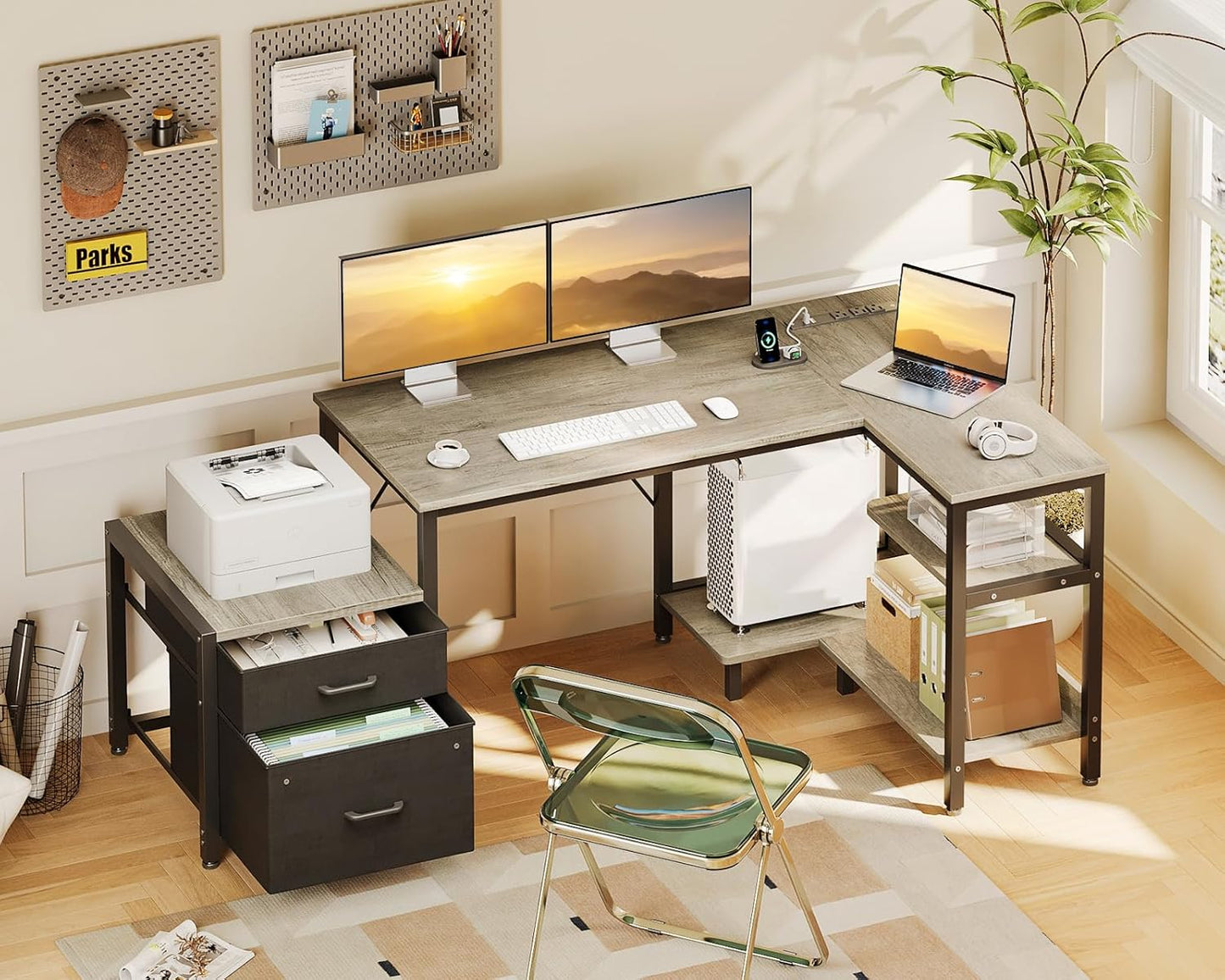 Casaottima L Shaped Desk with Drawers & File Cabinet, Computer Desk with Storage Shelves & CPU Stand, Corner Desk with Power Outlets, Reversible L Desk for Home Office, Grey