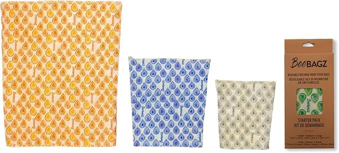BeeBAGZ - Beeswax Wrap Storage Bag, Reusable Food Storage Bags, Pack of 3, Plastic Free Biodegradable Food Wrap Alternative, Starter Pack, 1 Small + 1 Medium + 1 Large, (Multicolors)