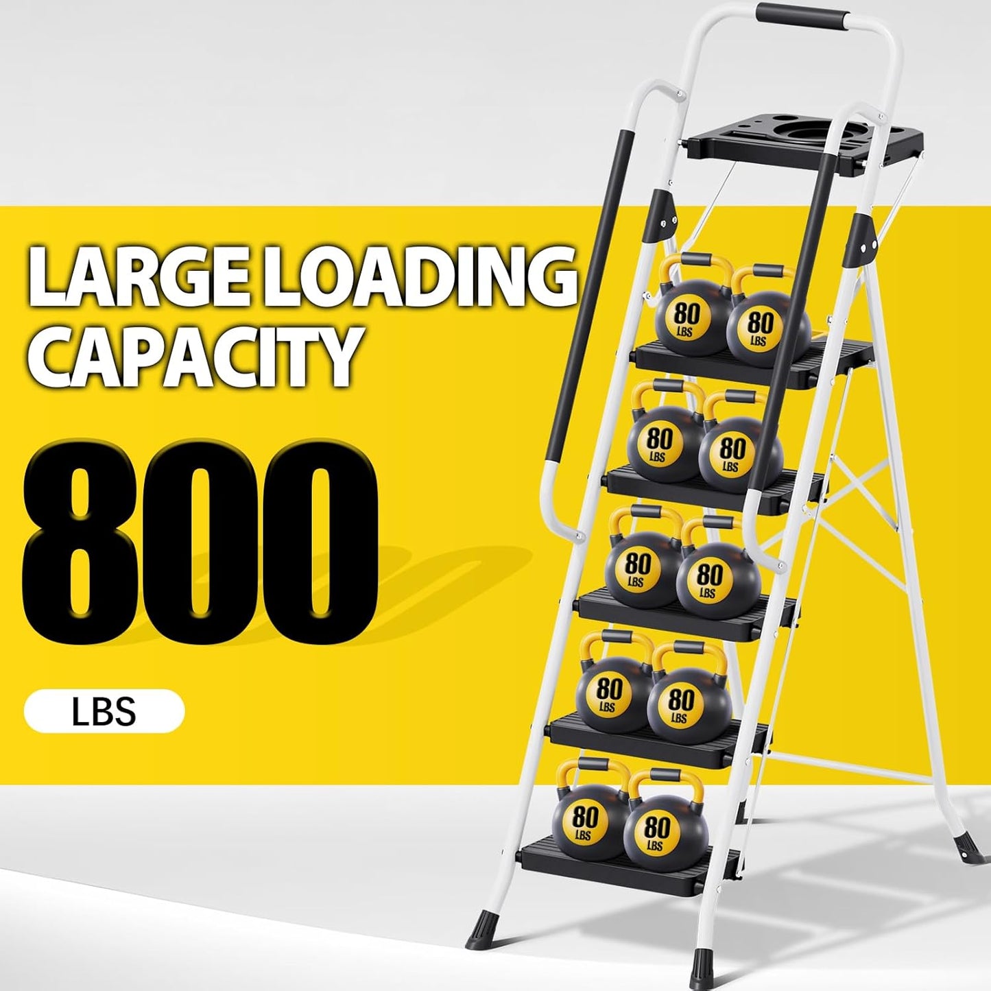 KINGRACK Folding 5-Step Ladder, 800 lbs Capacity Step Stool with Safety Lock, Tool Tray, Non-Skid Wide Steps, Handrail, Household Folding Ladder for Home, Garden, Painting, Outdoor, and Garage, White
