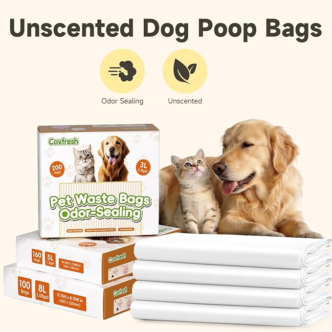 Odor-Sealing Dog Poop Bags with Handles 200 Count Pet Waste Bags, Large Capacity & Unscented Poop Bags for Dogs or Cat Litter, Conceals Smell & Mess (White)