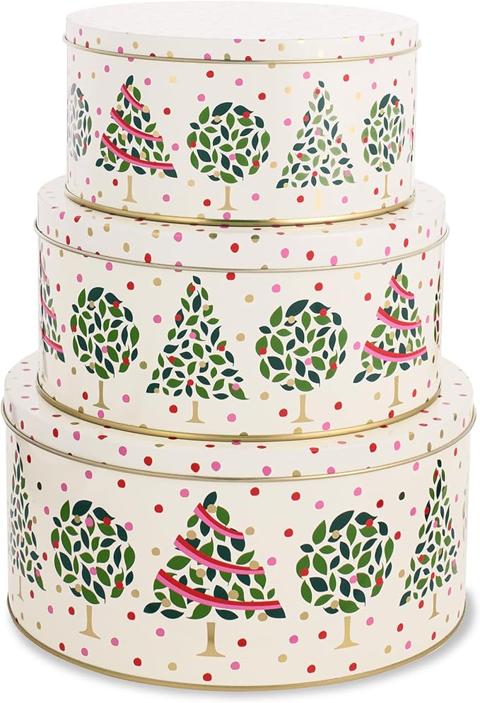 Kate Spade New York Metal Cookie Tins, 3-Piece Nesting Set, Small, Medium & Large, Christmas Containers for Gift & Storage, Evergreen Confetti Dot