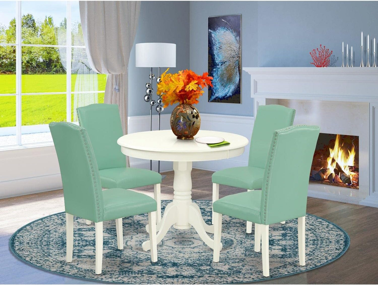 East West Furniture ANEN5-LWH-57 5 Piece Dining Room Table Set Includes a Round Kitchen Table with Pedestal and 4 Pond Faux Leather Parsons Dining Chairs, 36x36 Inch, Linen White