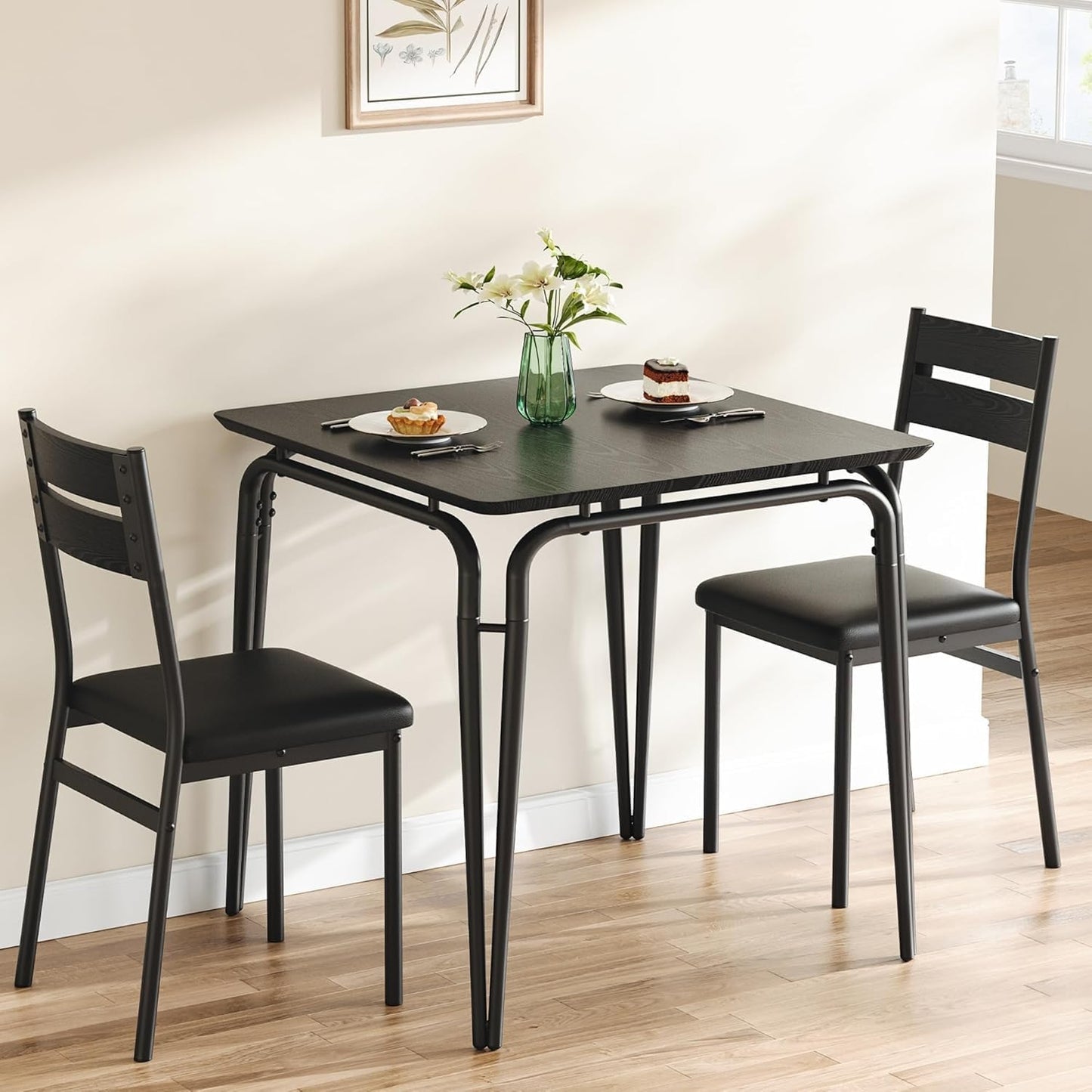 Dining Table Set for 2, Space-Saving Square 3-Piece Dinette with 2 Chairs, Modern Kitchen Furniture for Small Spaces & Apartments