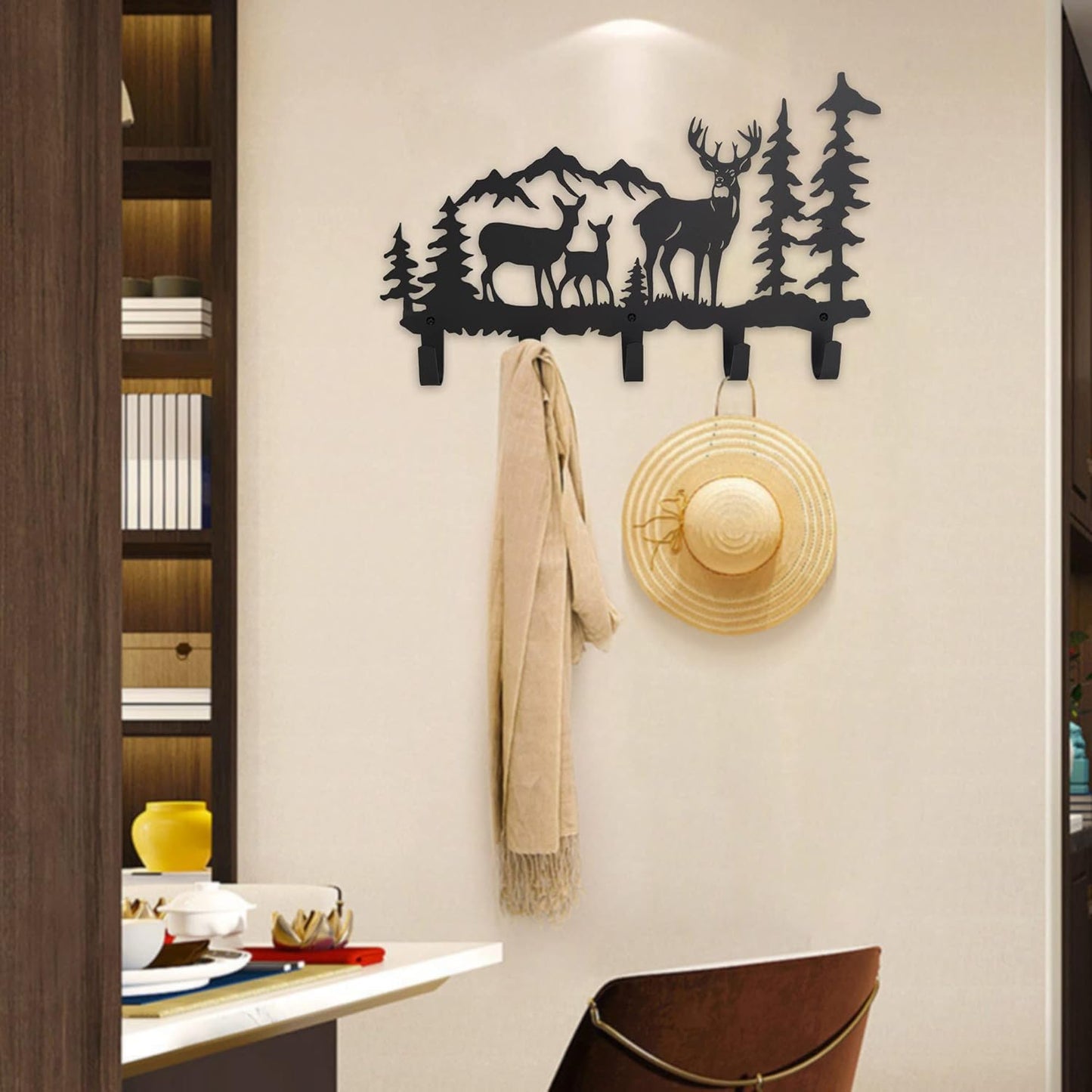 Metal 5-Hook Deer Storage, Powder Coated Wall Mount, 15.8x9.65x1.1 inches, 35lbs Capacity, for Entryway, Hallway, Office, Kitchen, Living Room Decor