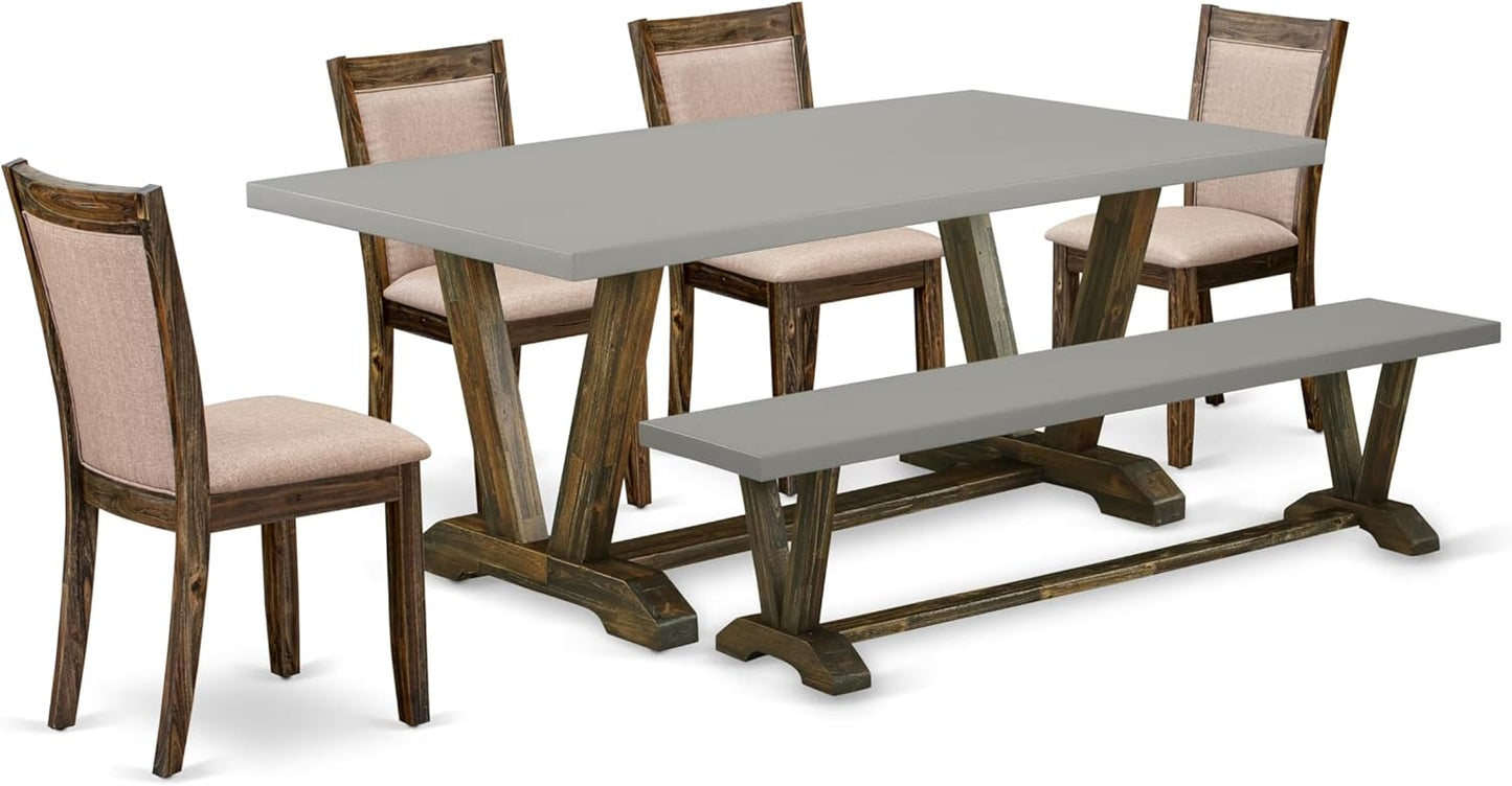 East West Furniture V797MZ716-6 6 Piece Kitchen Table Set Contains a Rectangle Dining Table with V-Legs and 4 Dark Khaki Linen Fabric Parson Chairs with a Bench, 40x72 Inch, Multi-Color