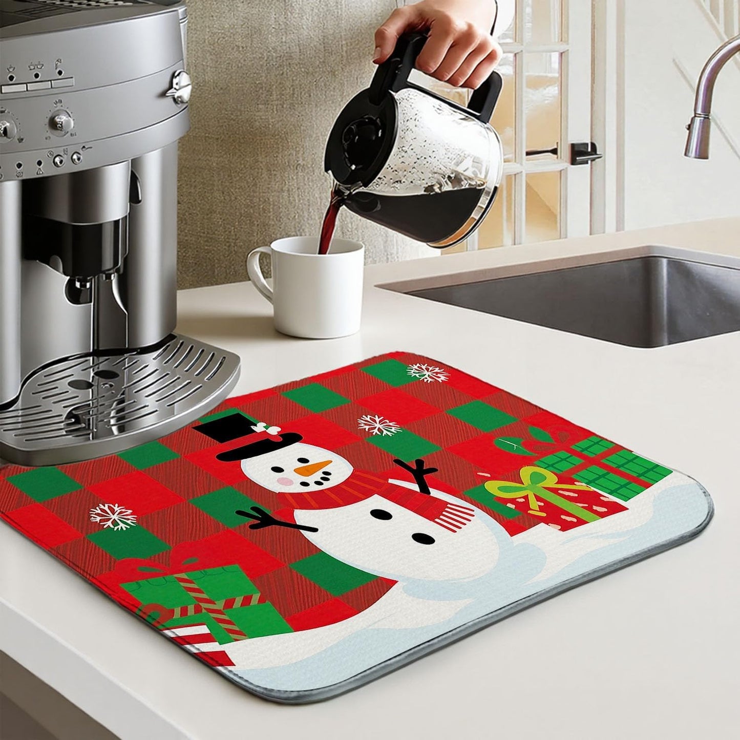 Christmas Drying Mat for Kitchen Counter 16" X 18" Christmas Dish Drying Mat for Kitchen Decor Red Snowman Xmas Drying Mats For Home Counter Drying Mats For Dishes Dish Mat Drying Mat