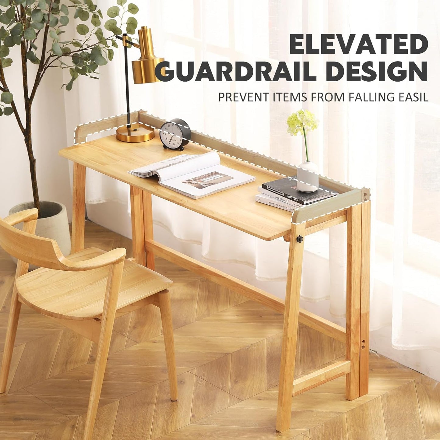 Solid Wood Folding Desk Mid Century Modern Table, 47'' Foldable Writing Computer Desk for Home Office, Simple Study Makeup Workstation, Wooden Study Office Desk Table for Small Spaces, Natural Color