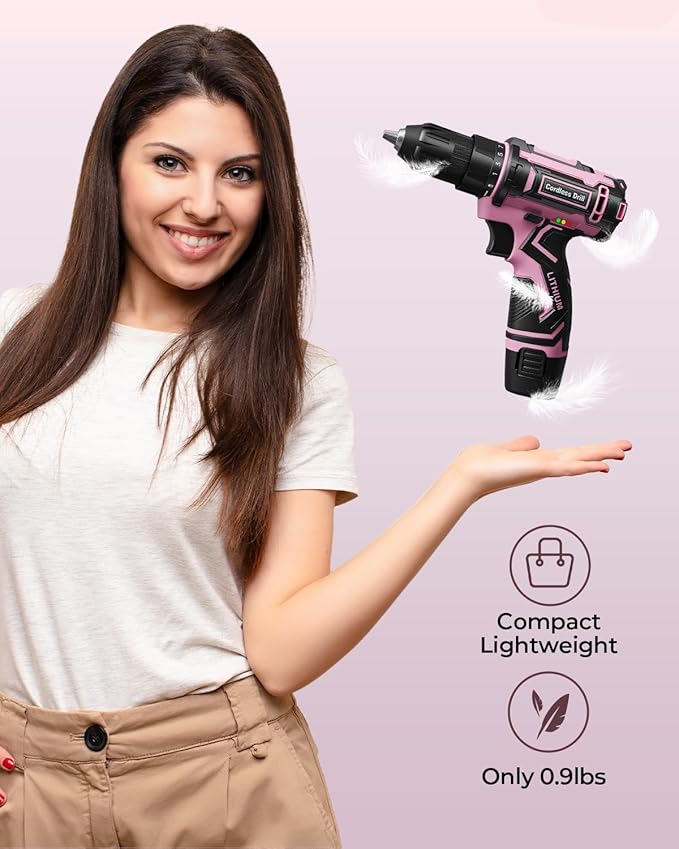 Pink Cordless Drill Set, Electric Power Drill for Women, Lightweight Electric Screwdriver Driver with Battery & Charger, 3/8" Keyless Chuck, Womens Tool Kit for Home DIY Projects