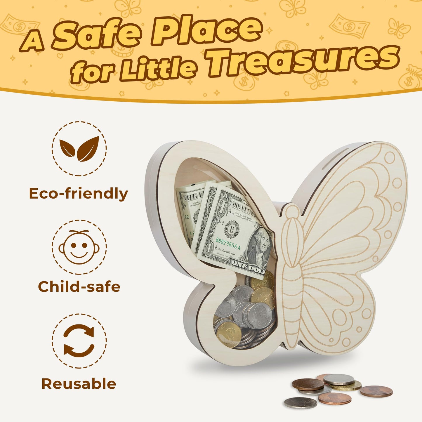 Butterfly Piggy Bank for Kids, Paint Your Own DIY Butterfly Bank with Clear Window, Wooden Savings Box for Coins and Bills, Room Decor Gift