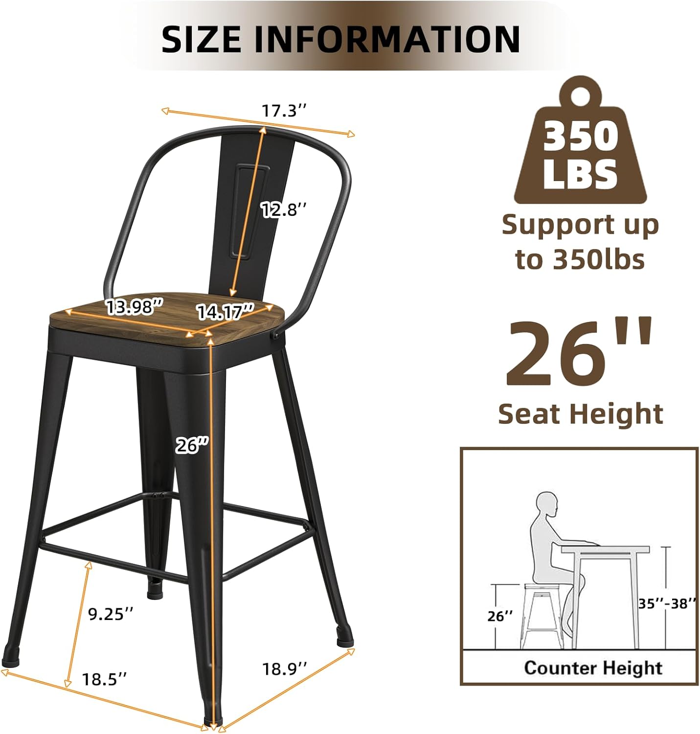 Metal Bar Stools Set of 4, High Back Bar Stools with Wooden Seat, 26 inch Black Barstools for Kitchen Island