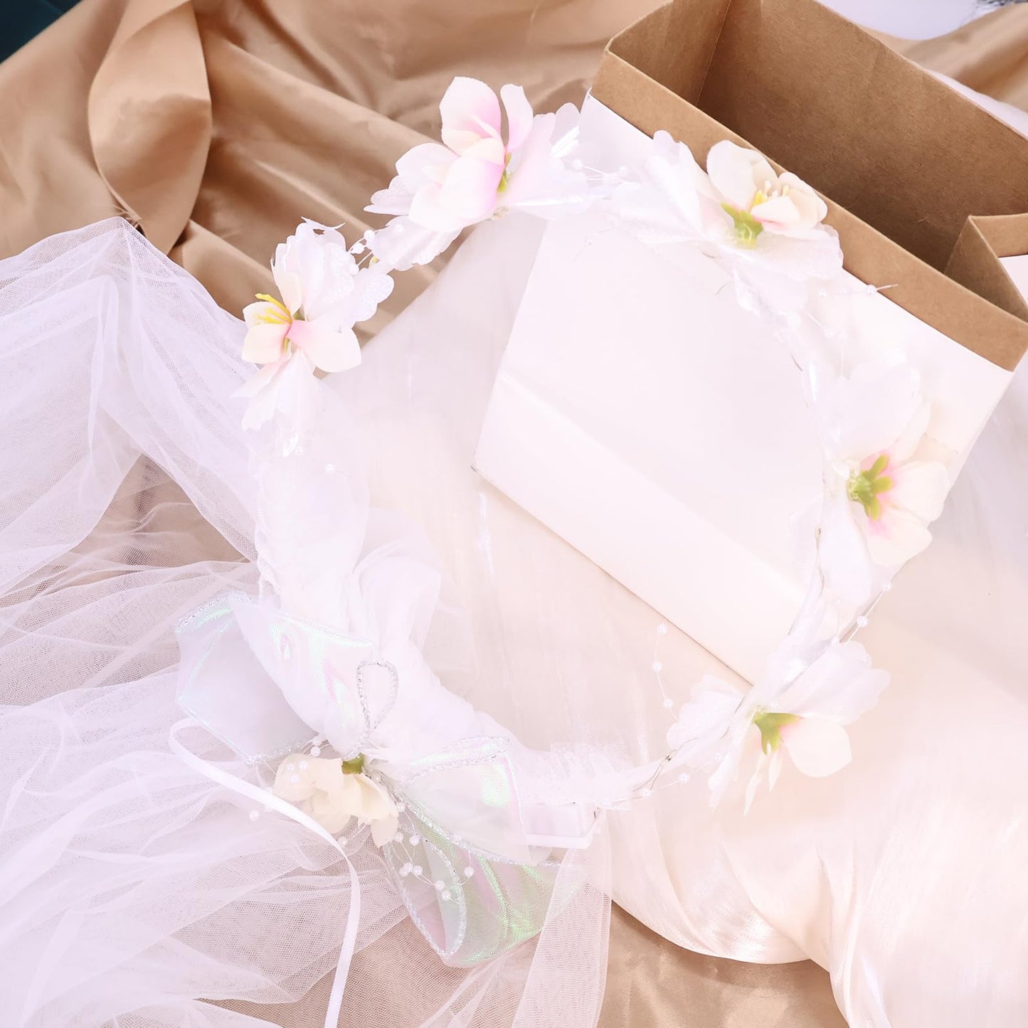 yuruyi Artificial Flower Crown Headband for Women Girls – Boho Floral Wreath Halo for Weddings, Photoshoots, Festivals, Birthdays, and Costume Parties (White Peach Blossom, Adjustable)