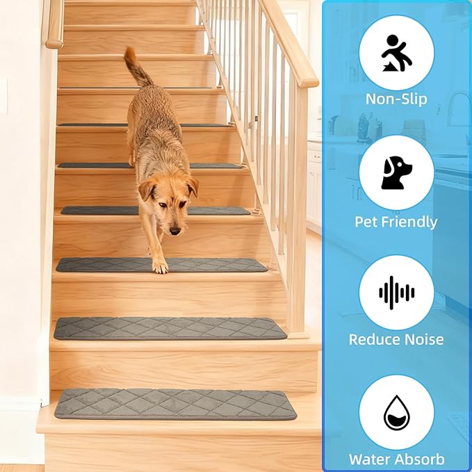 Art3d Stair Treads for Wooden Steps 15Pcs, 8" X 30" X 0.4" Non Slip Stair Runner Rugs with Reusable Adhesive for Elders Kids and Dogs, Machine Washable Peel and Stick Stair Treads Carpet, Beige