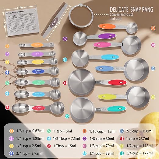 Measuring Cups 17-Piece Measuring Set with Cups and Spoons, Stainless Steel, Includes Magnetic Conversion Chart and Leveler