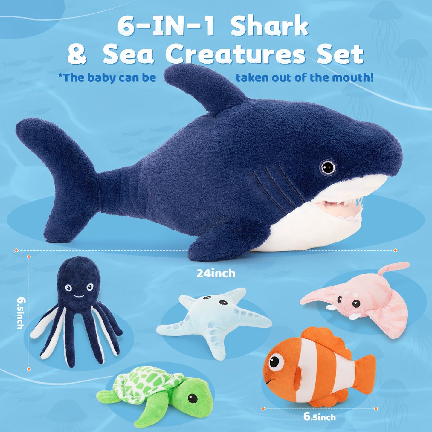 MaoGoLan 6Pcs Soft Shark Stuffed Animals with 5 Sea Animals Inside - Bulk Plush Toys Stuffed Shark Stingray Octopus Turtle Clown Fish Starfish, Kids Party Favors Valentine's Day Gifts Christmas