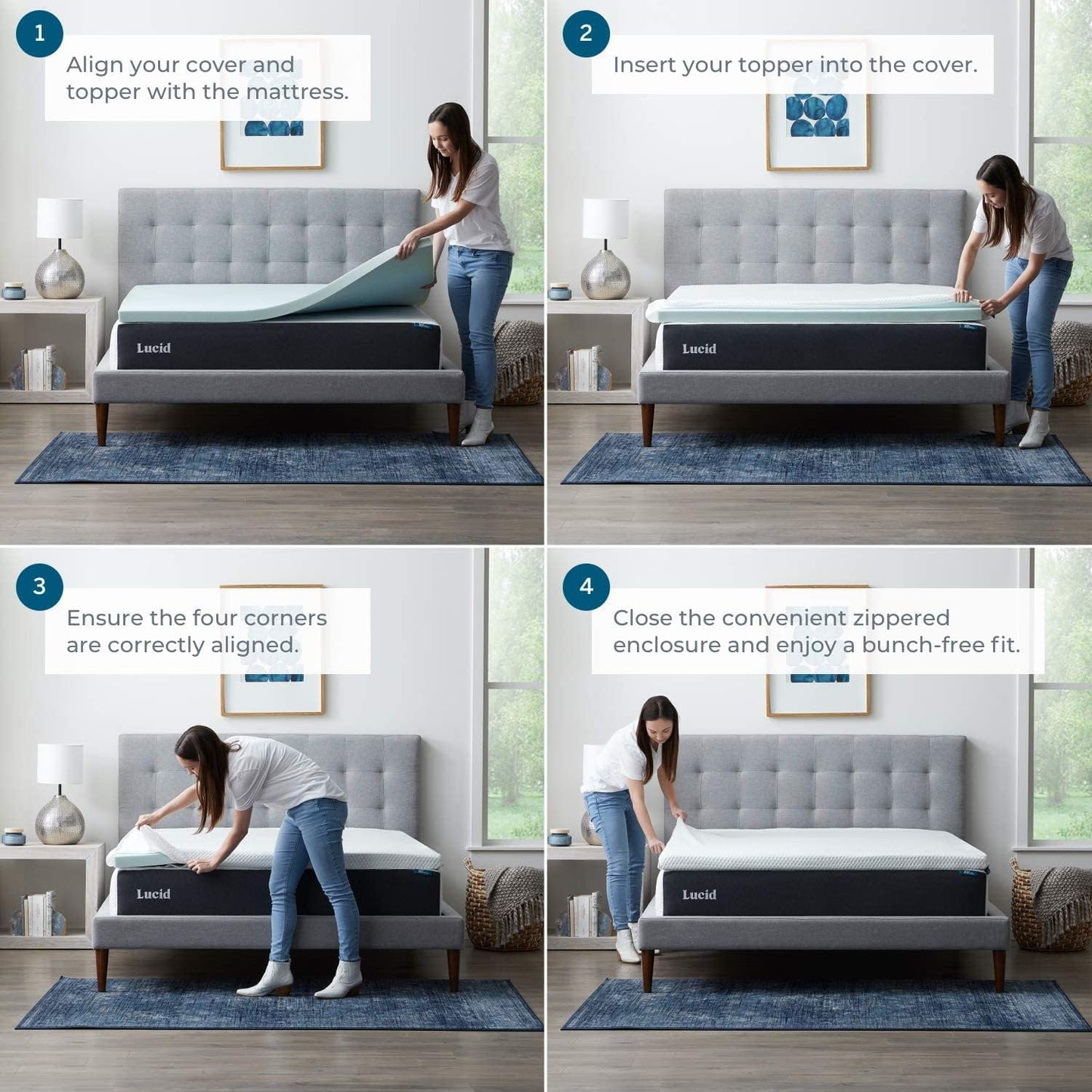 LUCID 2 Inch Gel Memory Foam Mattress Topper with Cover - Full Size - CertiPur-US Certified - White