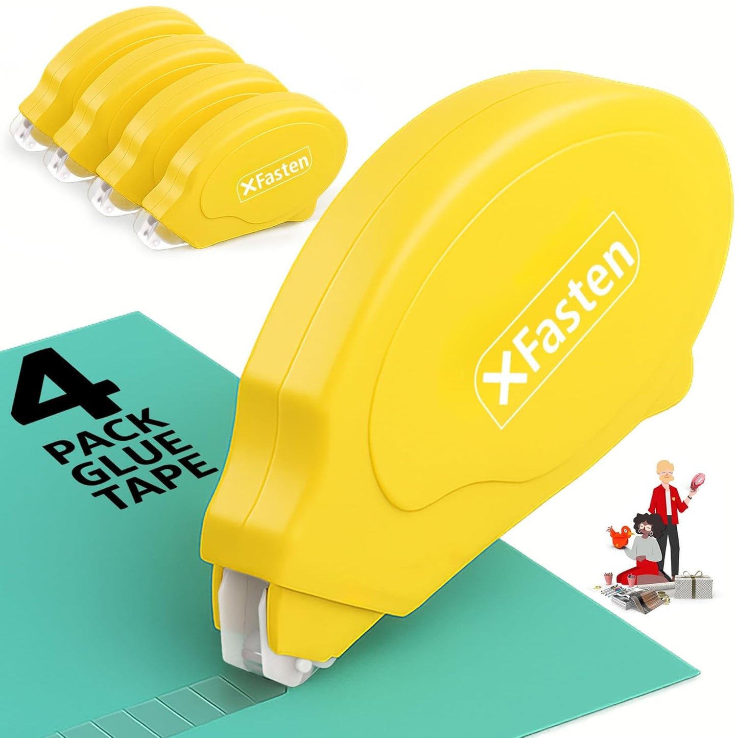 XFasten Glue Tape Roller for Scrapbooking 4-Pack Acid-Free Yellow Double Sided Tape Roller for Crafts, Photos, Bullet and Junk Journaling Supplies - Scrapbook Adhesive Runner (0.3 in x 30 ft)
