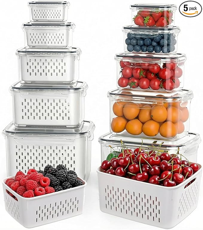5PCS Fruit Storage Containers for Fridge, Leakproof Produce Containers for Fridge with Removable Colander, All-In-One Fruit Containers Stainers Berry, Fruits, Vegetables, Salad Keeper Local Stock