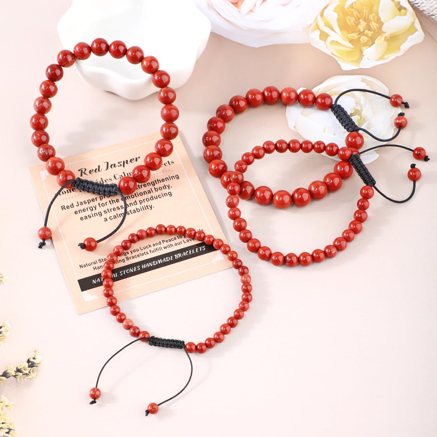 AD Beads 8mm Red Jasper - Stone Pepvodes Calming Effects - Handmade Natural Stone Crystal Bracelet with Adjustable Macrame String - Yoga Healing Power Energy Gifts for Men and Women