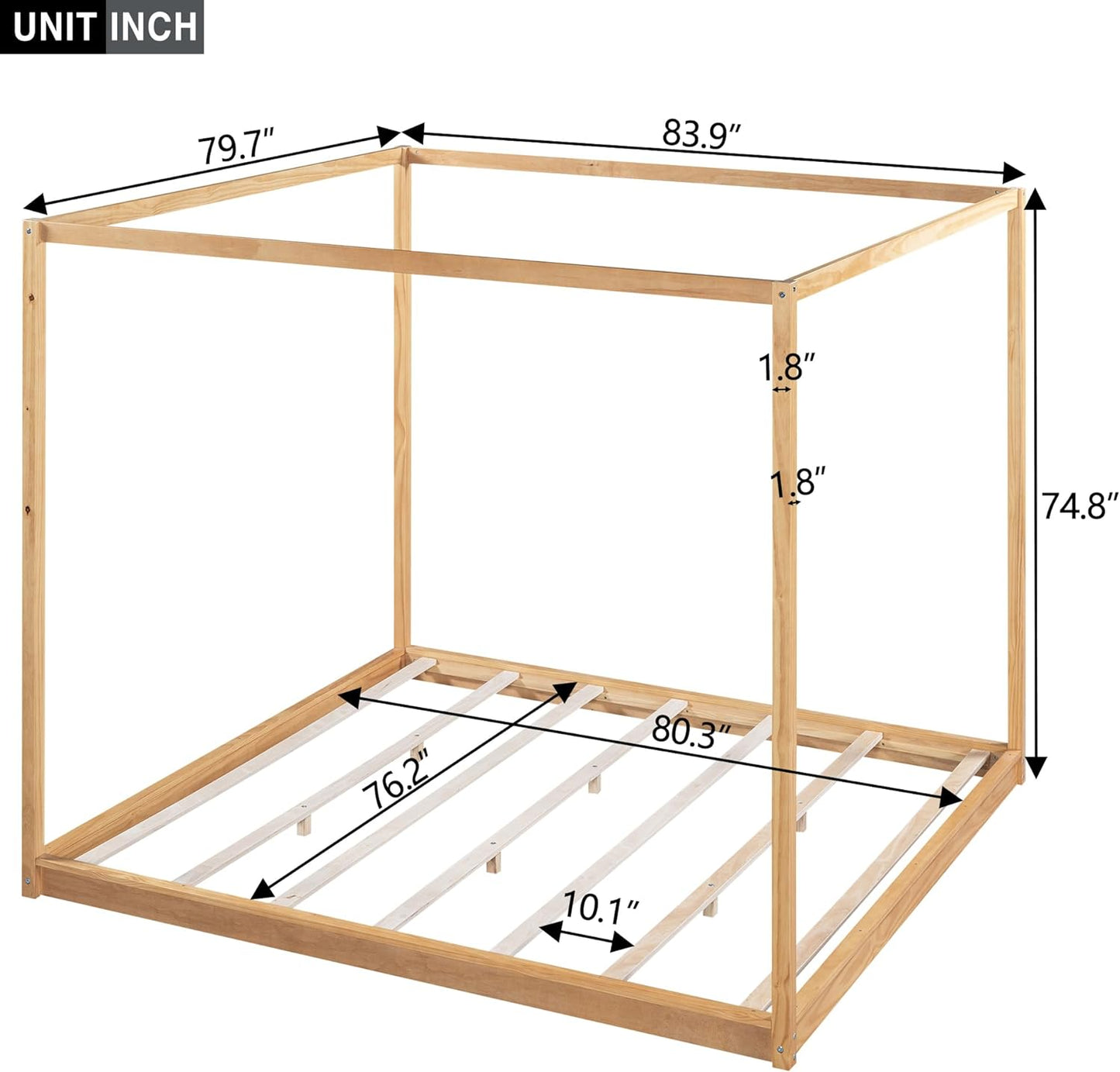King Size Canopy Platform Bed with Support Legs,Solid Wood Bed Frame,4-Post Canopy-Platform-Bed for Kids Teens Adults, No Box Spring Needed,Natural