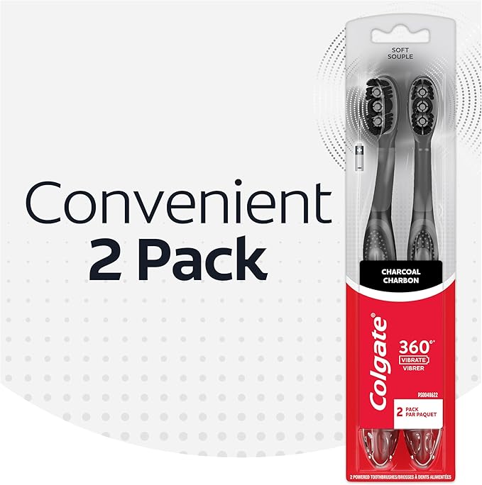 Colgate 360 Vibrate Charcoal Battery Operated Toothbrush Pack, Soft with 1 AAA Battery Included, Black, 2 Count