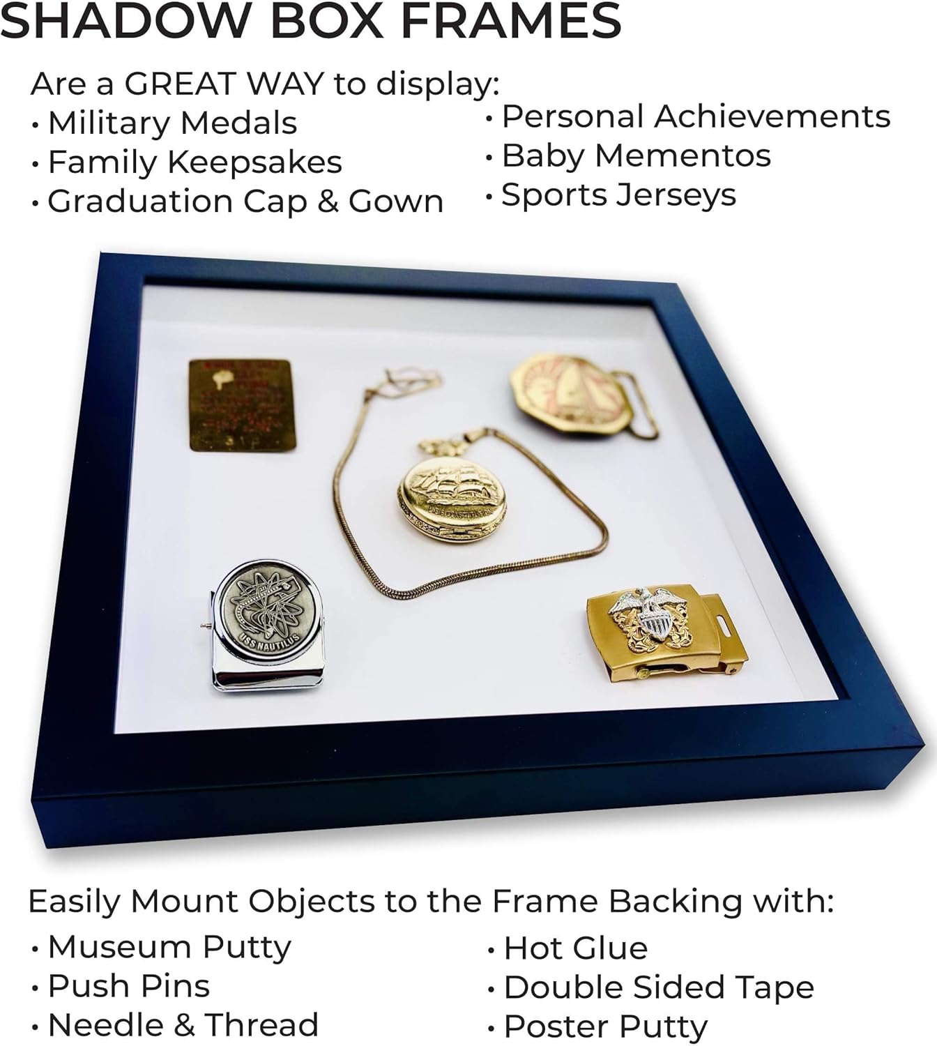 6x18 Shadow Box Black Solid Wood Display Frame with White Acid-Free Backing UV Acrylic & Hanging Hardware - with 3/4" Usable Depth
