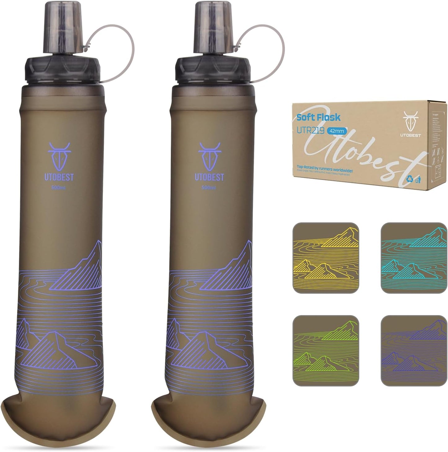 UTOBEST 500ml Soft Flask, 2 Pack Flexible TPU Hydration Water Bottle, Collapsible with 42mm Caliber for Running, Hiking, Cycling, Climbing, and Marathon Purple