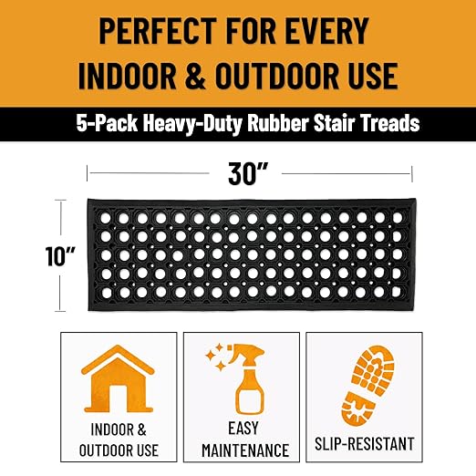 Ottomanson Outdoor Rubber Stair Treads – Circles Heavy-Duty Non Slip Stair Mats – Strong Grip for Concrete, Brick & Textured Steps – Extra Securing on Wooden & RV Steps, Pack of 5
