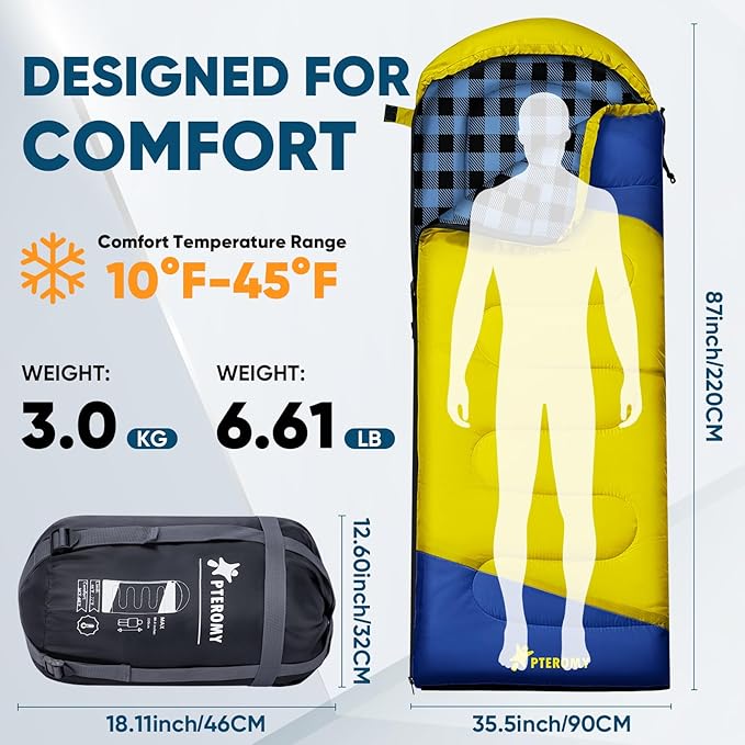 PTEROMY Sleeping Bags for Adults, Lightweight and Machine Washable, Water Resistant Backpacking Camping Sleeping Bag for Warm Cold Weather, Camping Essentials for Hiking Travel
