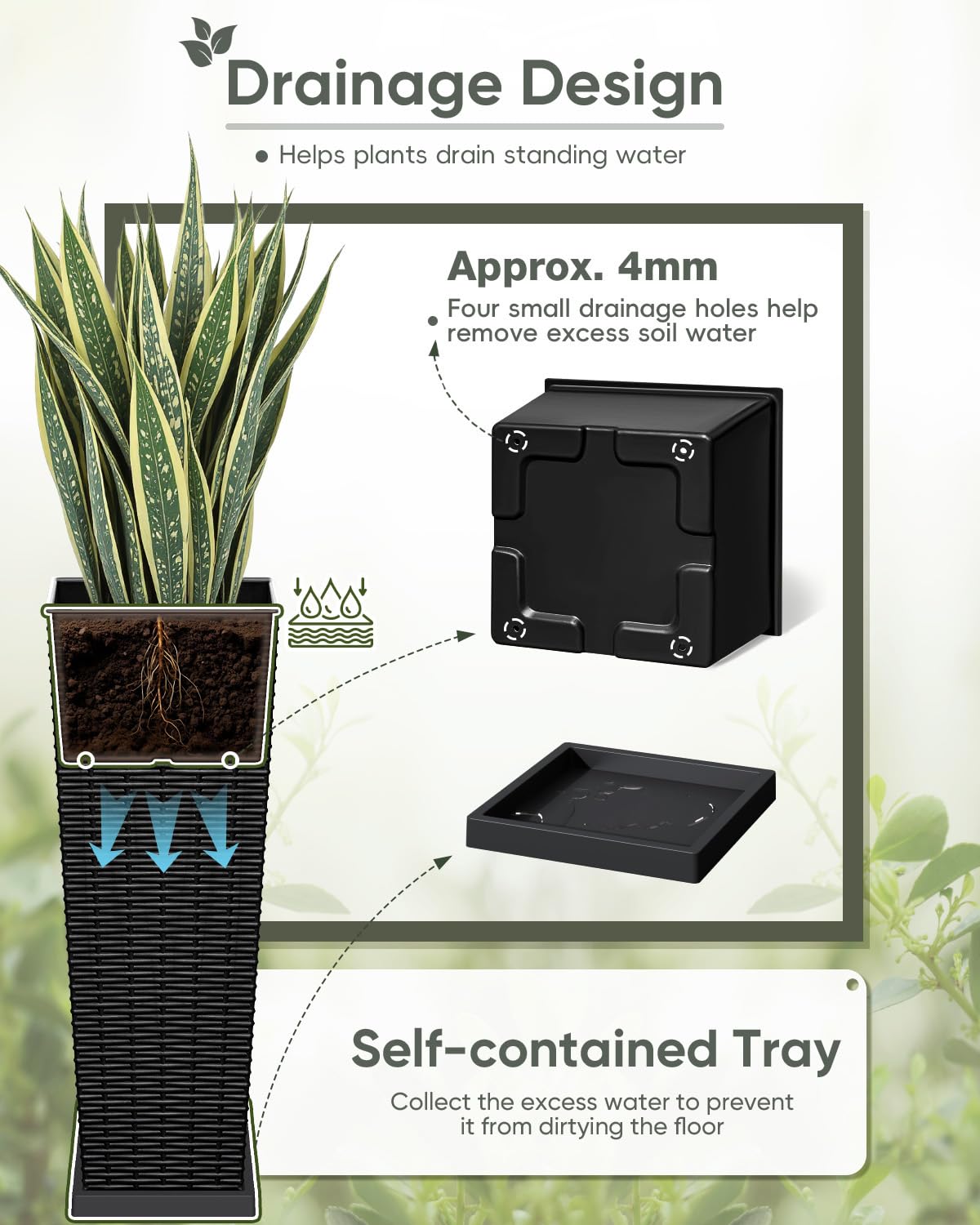 Greesum Set of 2 Tall Plastic Planters with Saucer, 24 Inch Large Pots with Drainage Trays, Weather-Resistant Plastic Plant Containers for Patio, Porch, Garden,Black