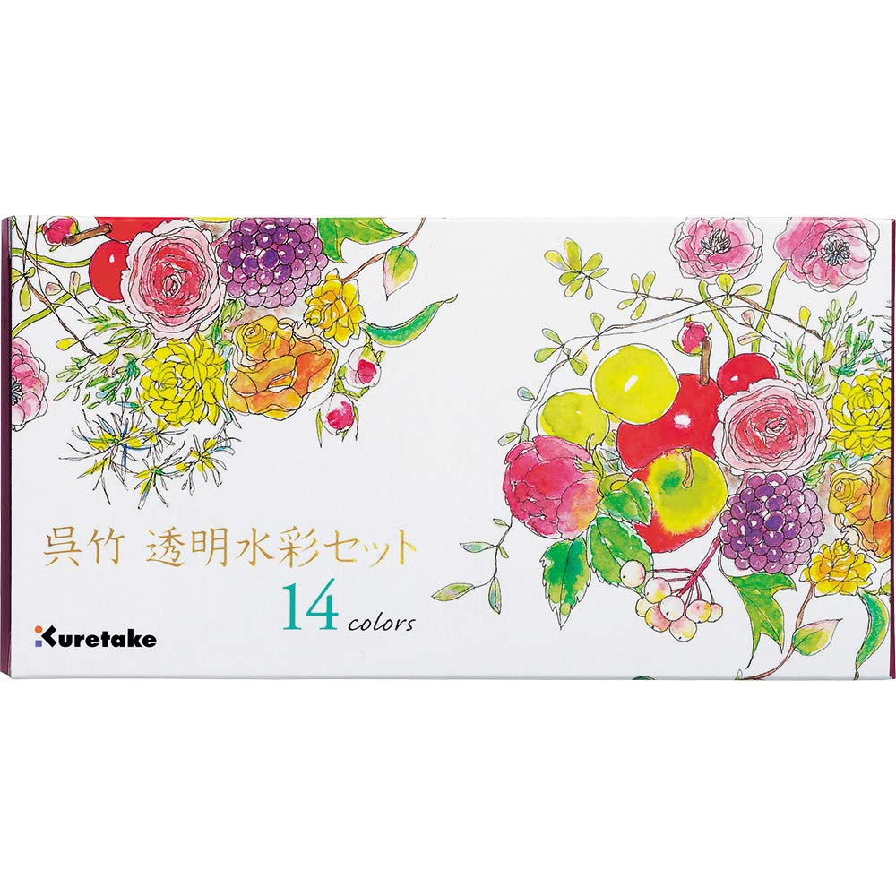 Kuretake WATERCOLOUR TRANSPARENT 14 colors set with fineliner pen and water brush pen, Portable, In a compact box, Vibrant watercolors, For professional and hobbyist, AP-Certified, Made in Japan