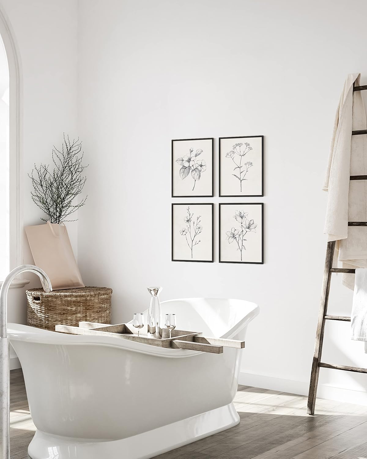 HAUS AND HUES Grey Floral Wall Art - Set of 4 Plant Posters for Wall Vintage, Botanical Prints, Black and White Flower Pictures for Room Aesthetic, Farmhouse Bathroom, Rustic Art (11x14, UNFRAMED)