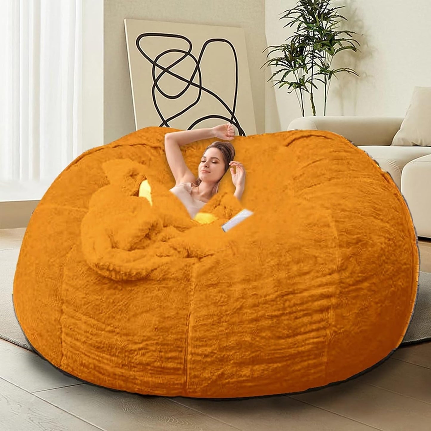 Bean Bag Chair for Adults Kids Without Filling Comfy Oversized Round Lazy Sofa Bean Bag Cover for Stuffed Animal Storage Bedroom Living Room Chairs, 6FT, Orange