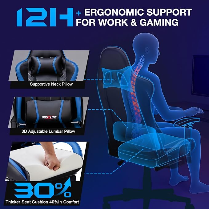 Douxlife 7-Point Massage Gaming Chair, 175° Gaming Recliner with Footrest Ergonomic Computer Office Chair High Back Video Game Chair with Lumbar Support, Upgraded Version Black and Blue