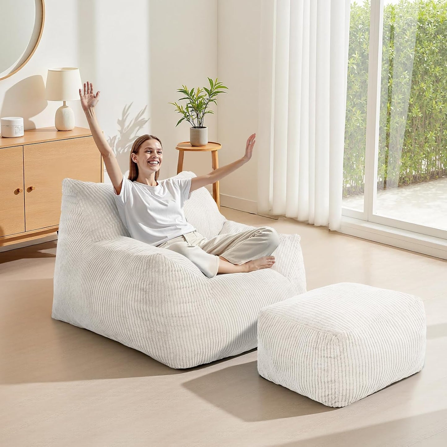 INMOZATA Bean Bag Chair for Adults, 3FT Beanbag Chair with Ottoman Pre-Filled Fluffy Lazy Chair Corded Fabric Accent Chair for Bedroom Living Room Dorm (Ivory)