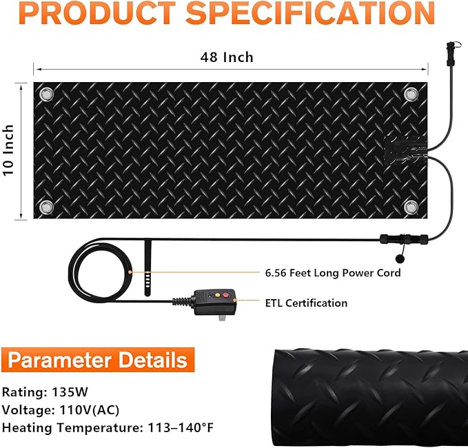 10 Inch x 48 Inch Outdoor Snow Melting Mat, Anti-Slip Heated Walkway Mat with Power Cord, Outside Ice Melt Mat for Doorway Stair Step Path Roof